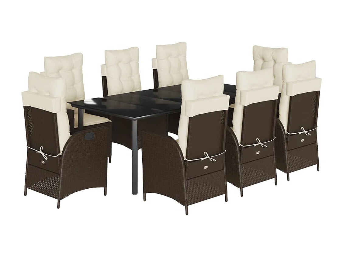 Ensemble à manger de jardin et coussins 9 pcs marron poly rotin