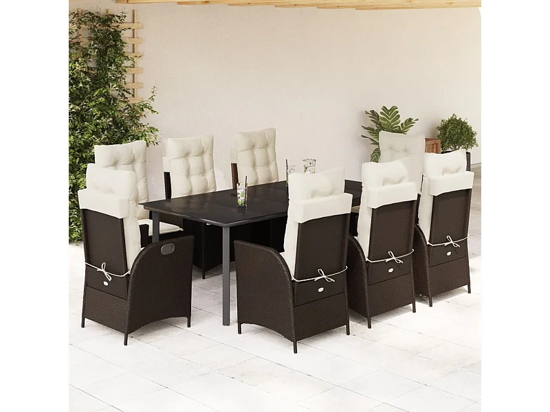 Ensemble à manger de jardin et coussins 9 pcs marron poly rotin
