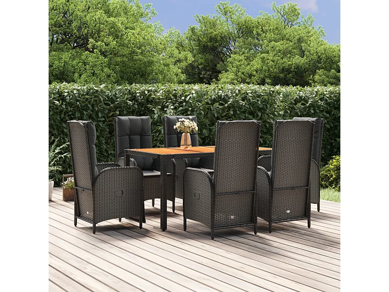 Ensemble à manger de jardin coussins 7pcs Noir Résine tressée