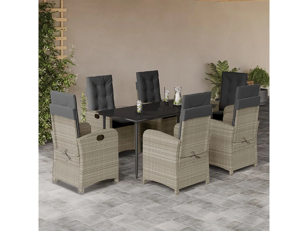 Ensemble à manger de jardin et coussins 7 pcs gris clair rotin
