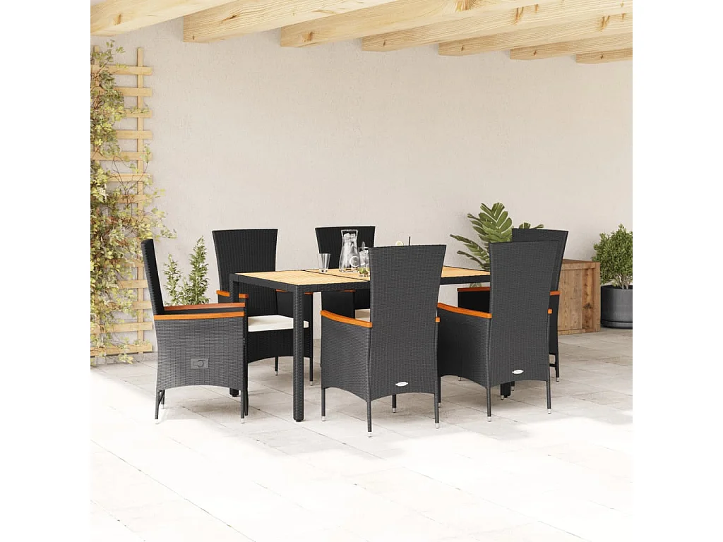 Ensemble à manger de jardin coussins 7pcs Noir Résine tressée