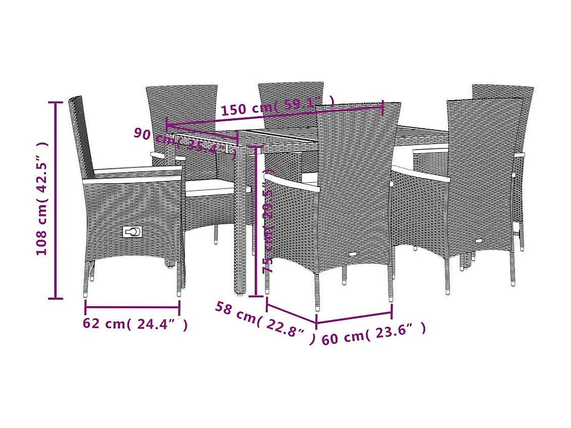 Ensemble à manger de jardin coussins 7pcs Noir Résine tressée