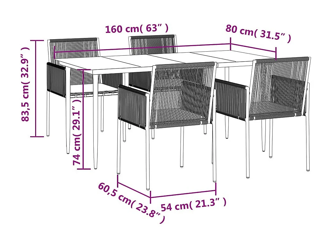 Ensemble à manger de jardin coussins 5pcs noir rotin et acier