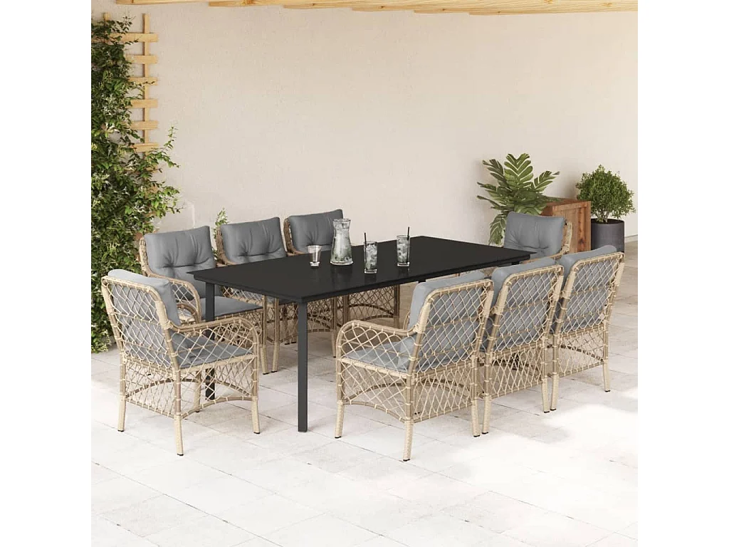 Ensemble à manger de jardin et coussins 9 pcs mélange beige
