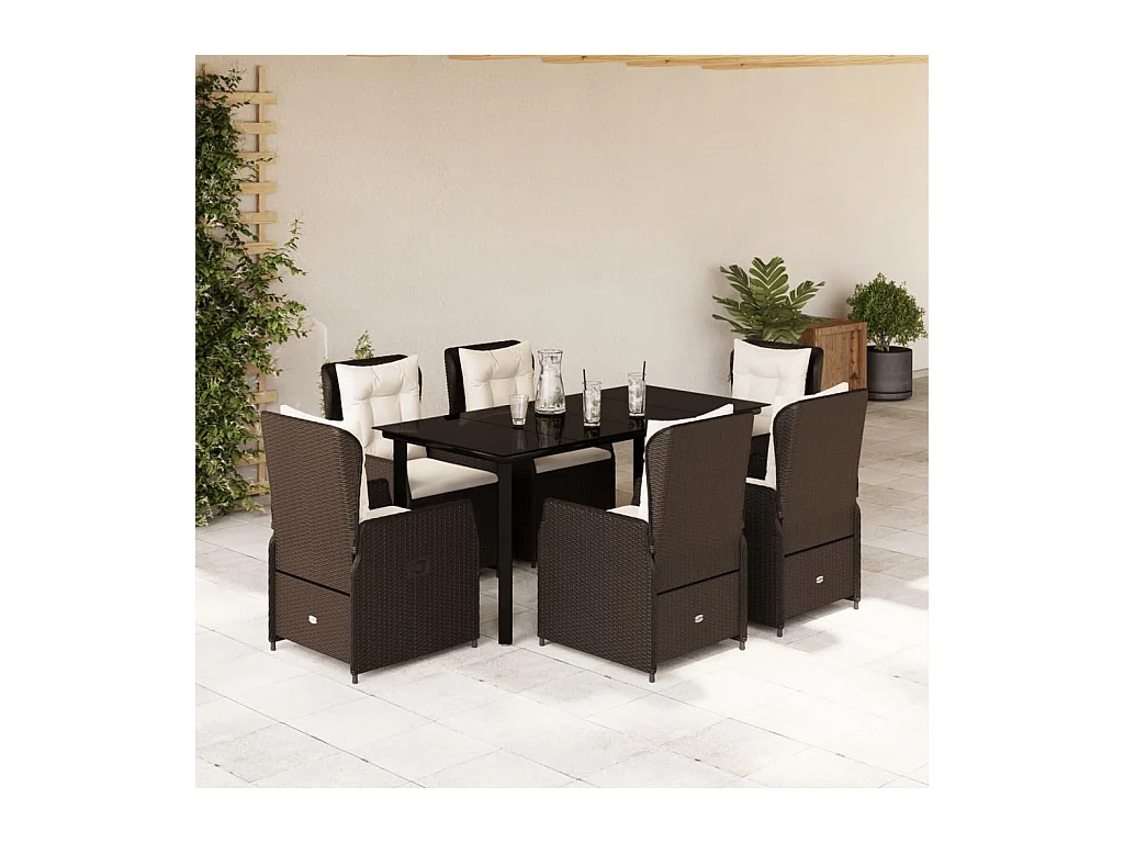 Ensemble à manger de jardin et coussins 7 pcs marron rotin
