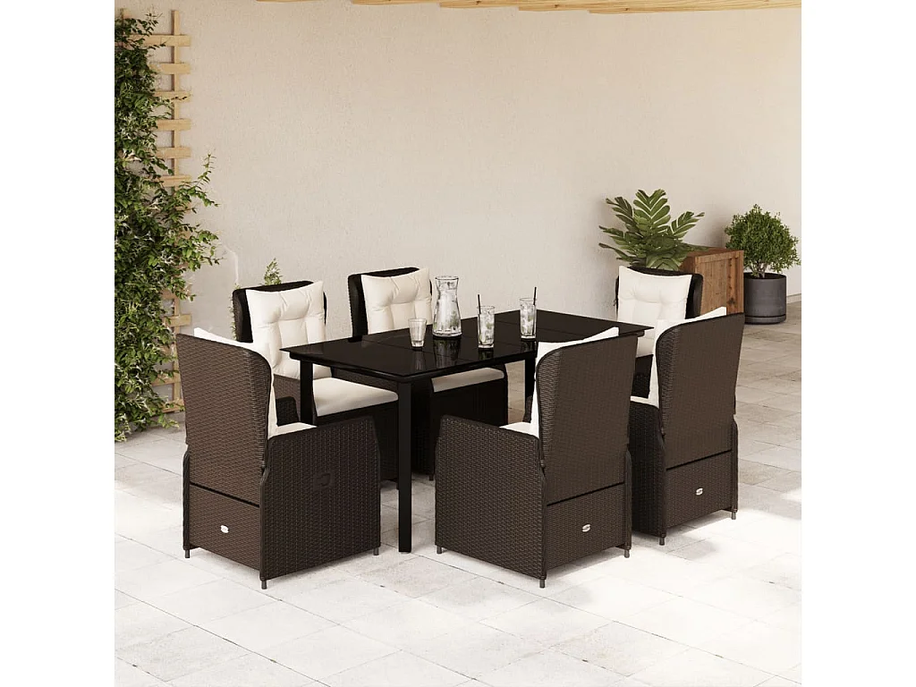 Ensemble à manger de jardin et coussins 7 pcs marron rotin
