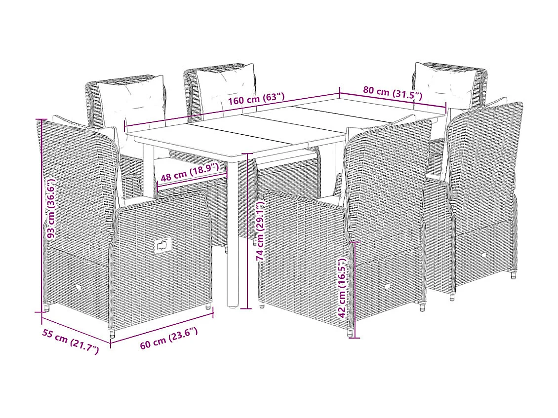 Ensemble à manger de jardin et coussins 7 pcs marron rotin