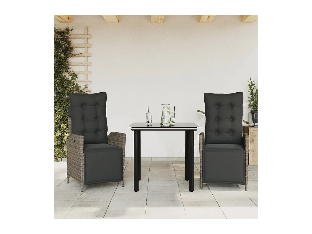 Ensemble à manger de jardin 3 pcs coussins gris résine tressée
