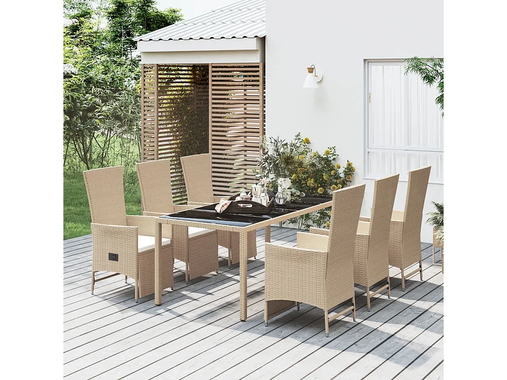 Ensemble à manger de jardin et coussins 7 pcs beige poly rotin