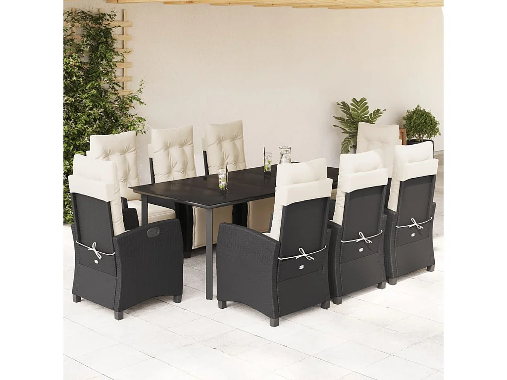 Ensemble à manger de jardin 9pcs coussins noir résine tressée