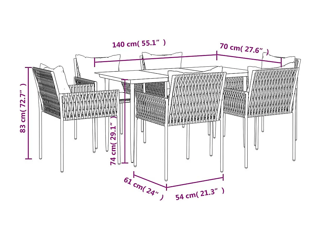 Ensemble à manger de jardin 7 pcs coussins résine tressée acier