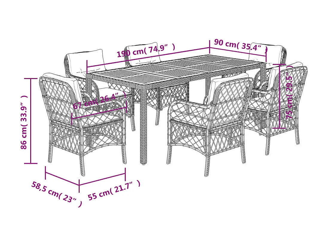 Ensemble à manger de jardin et coussins 7 pcs gris rotin