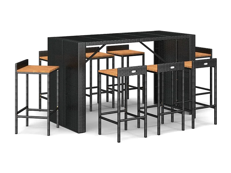 Ensemble de bar jardin 9 pcs noir poly rotin-bois massif acacia