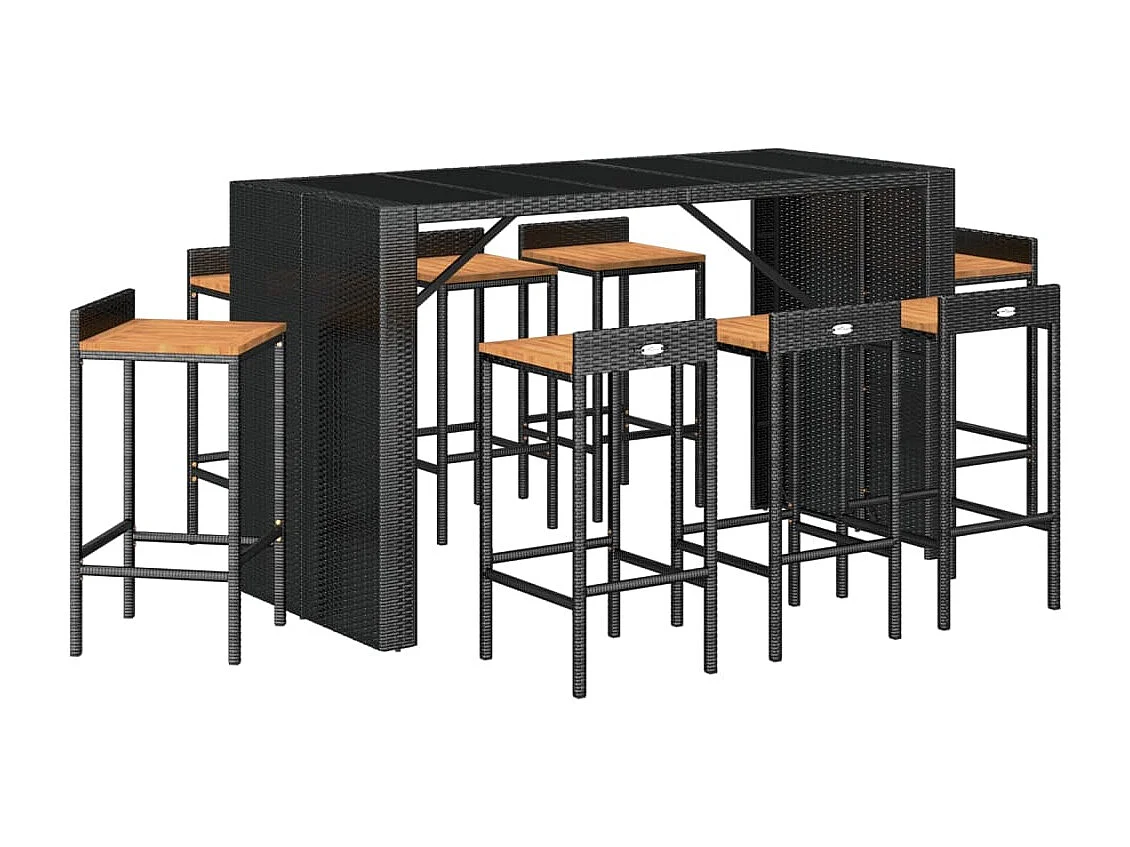 Ensemble de bar jardin 9 pcs noir poly rotin-bois massif acacia