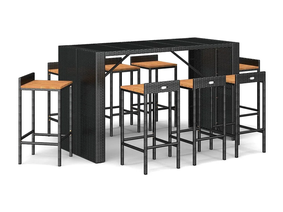 Ensemble de bar jardin 9 pcs noir poly rotin-bois massif acacia