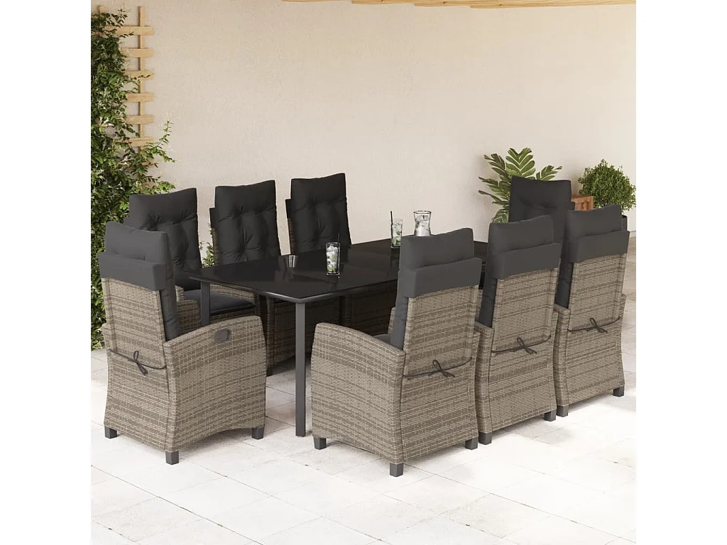 Ensemble à manger de jardin 9 pcs coussins gris résine tressée