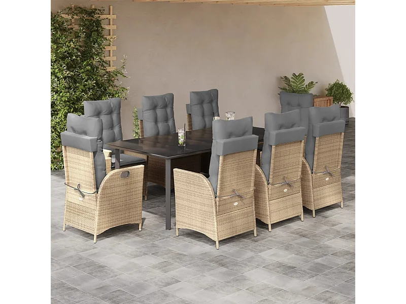 Ensemble à manger de jardin et coussins 9 pcs beige Poly rotin
