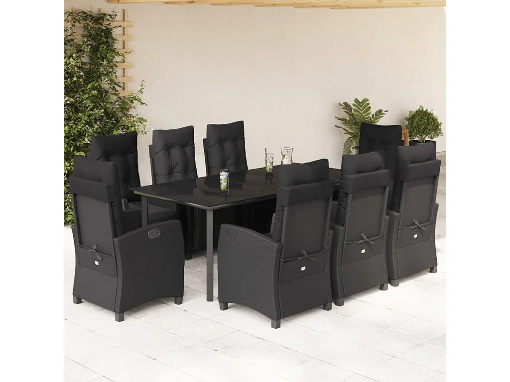 Ensemble à manger de jardin 9pcs coussins noir résine tressée