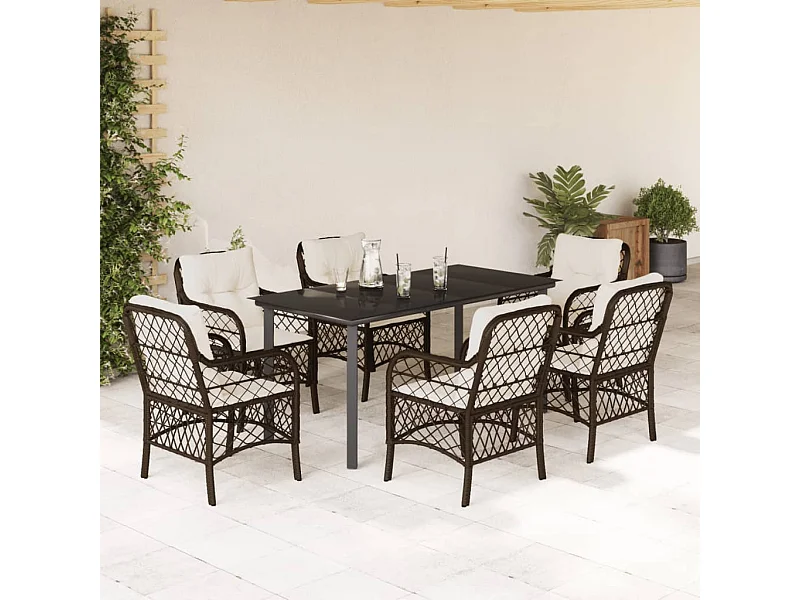 Ensemble à manger de jardin et coussins 7 pcs marron rotin