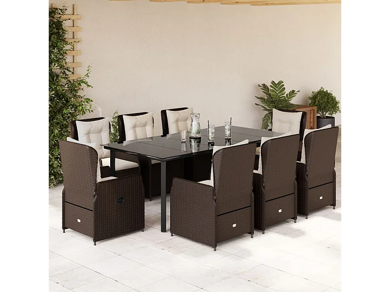 Ensemble à manger de jardin et coussins 9 pcs marron poly rotin