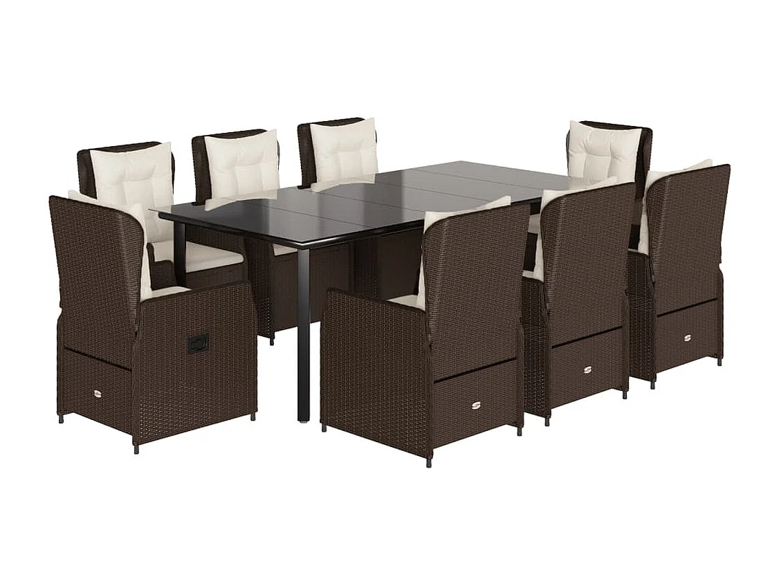Ensemble à manger de jardin et coussins 9 pcs marron poly rotin