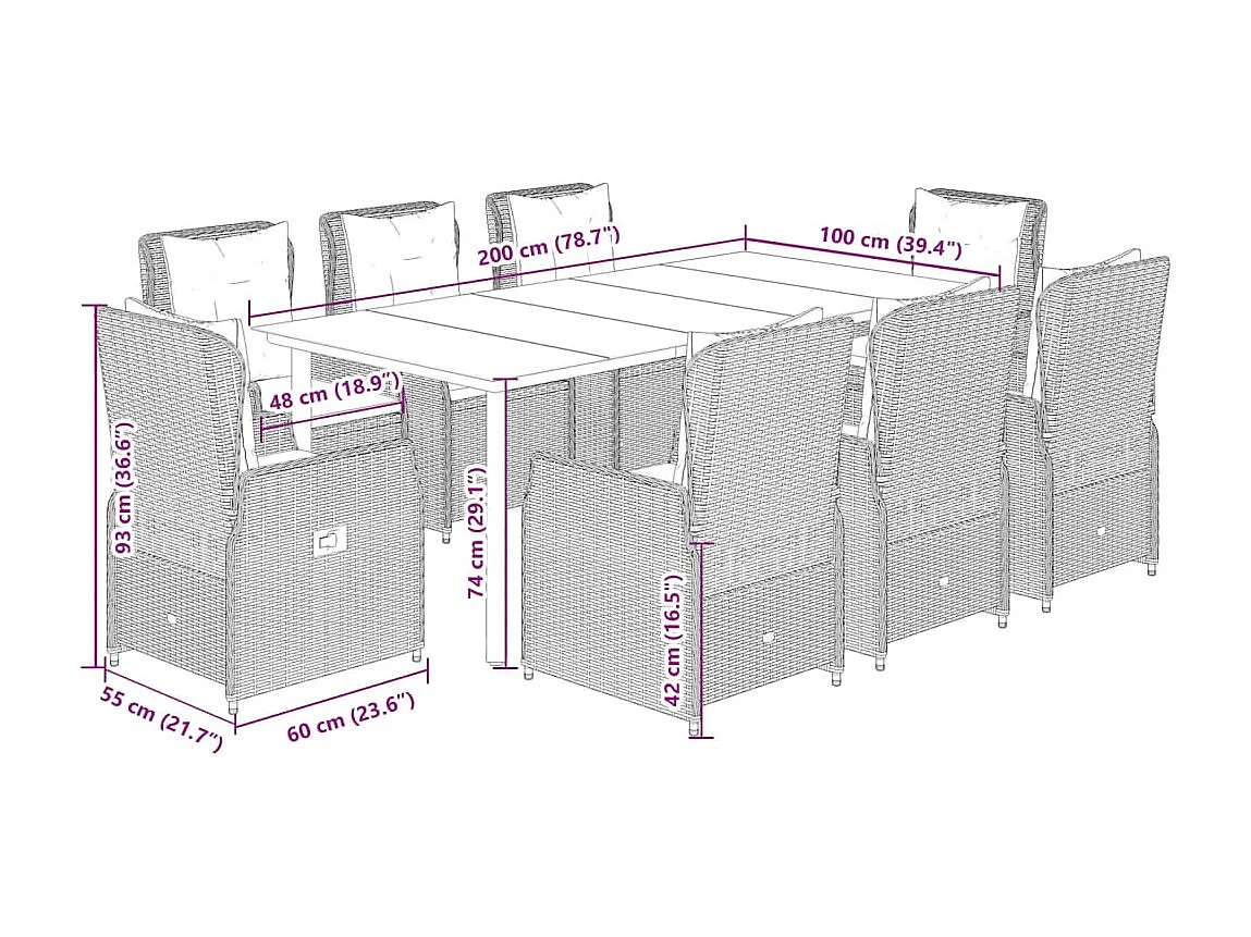 Ensemble à manger de jardin et coussins 9 pcs marron poly rotin