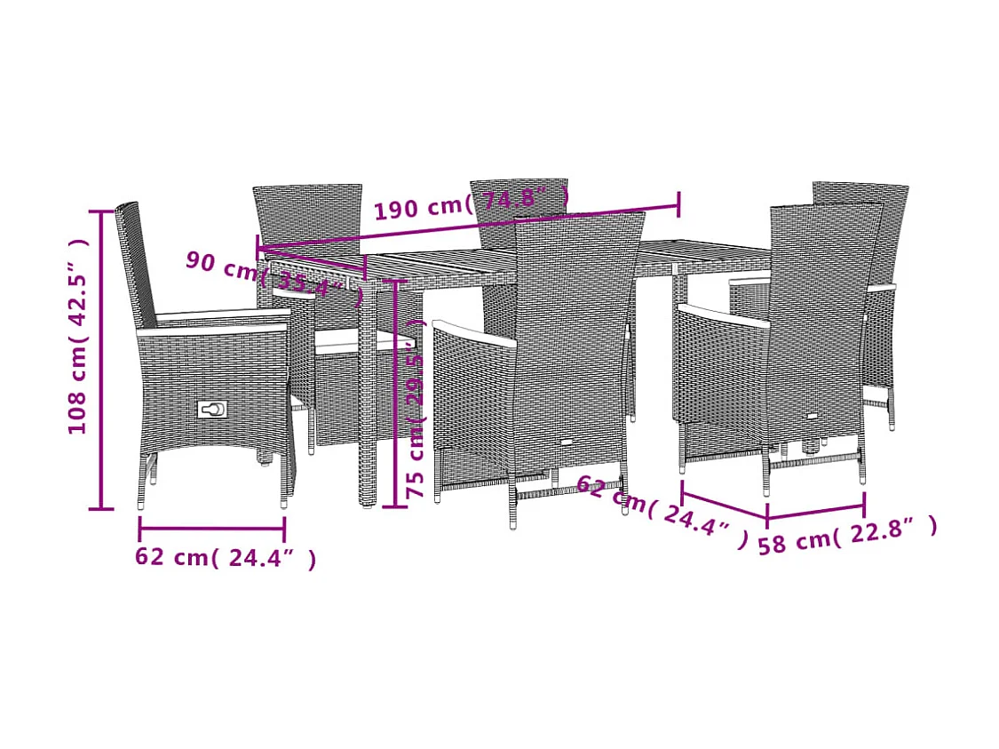 Ensemble à manger de jardin coussins 7pcs Noir Résine tressée