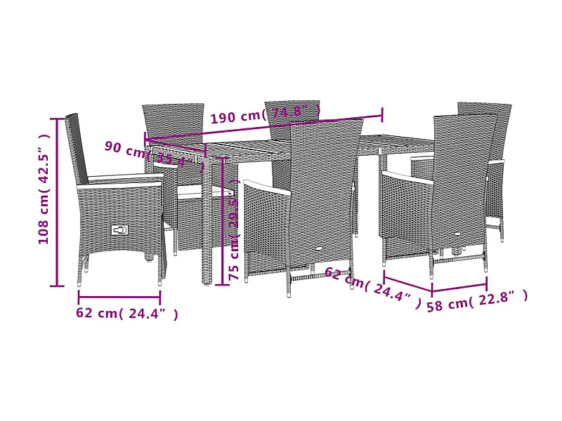 Ensemble à manger de jardin coussins 7pcs Noir Résine tressée