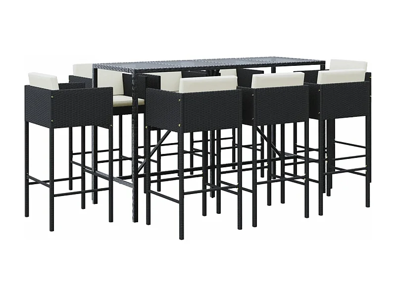Ensemble de bar de jardin 9 pcs avec coussins noir poly rotin
