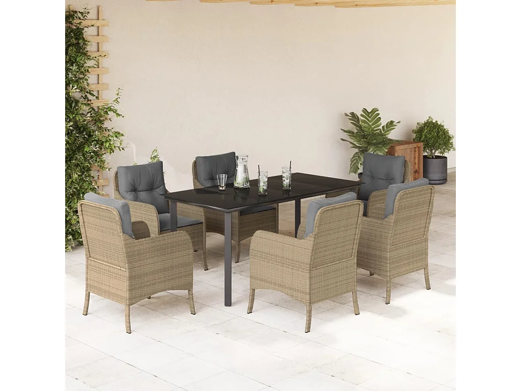 Ensemble à manger de jardin et coussins 7 pcs beige poly rotin