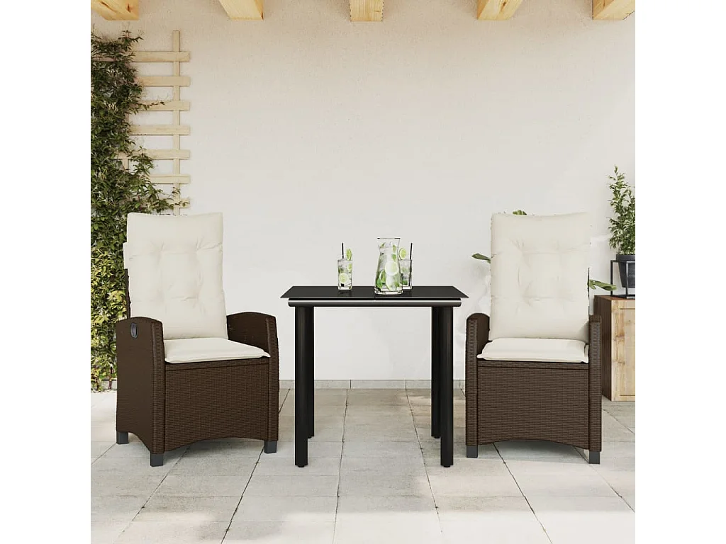 Ensemble à manger de jardin 3 pcs et coussins marron poly rotin