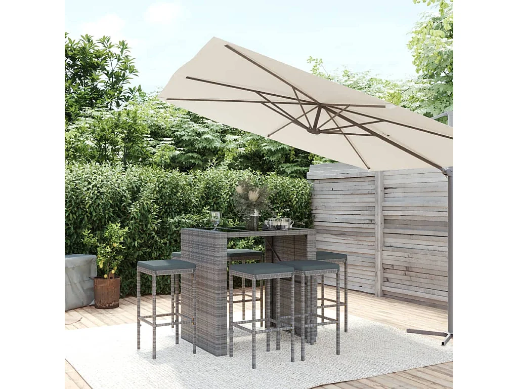 Ensemble de bar de jardin 7 pcs avec coussins gris poly rotin