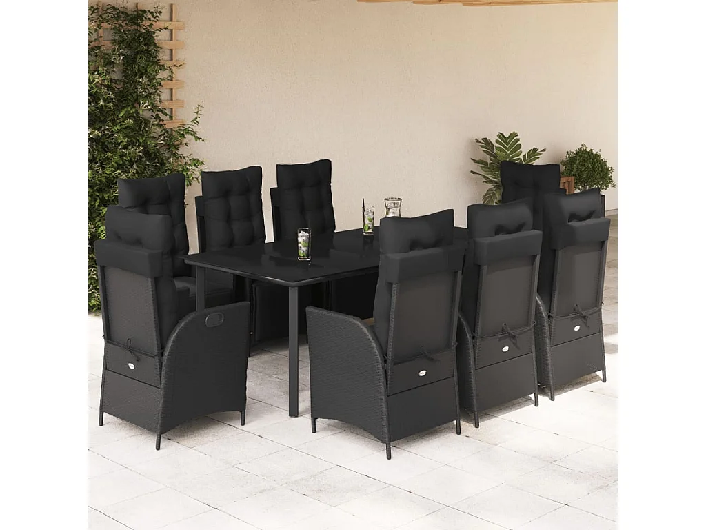 Ensemble à manger de jardin 9pcs coussins noir résine tressée