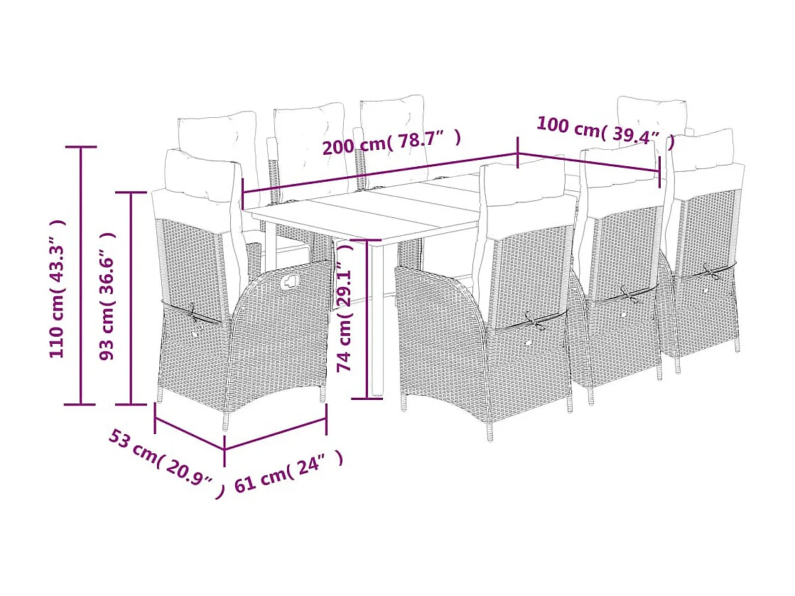Ensemble à manger de jardin 9pcs coussins noir résine tressée