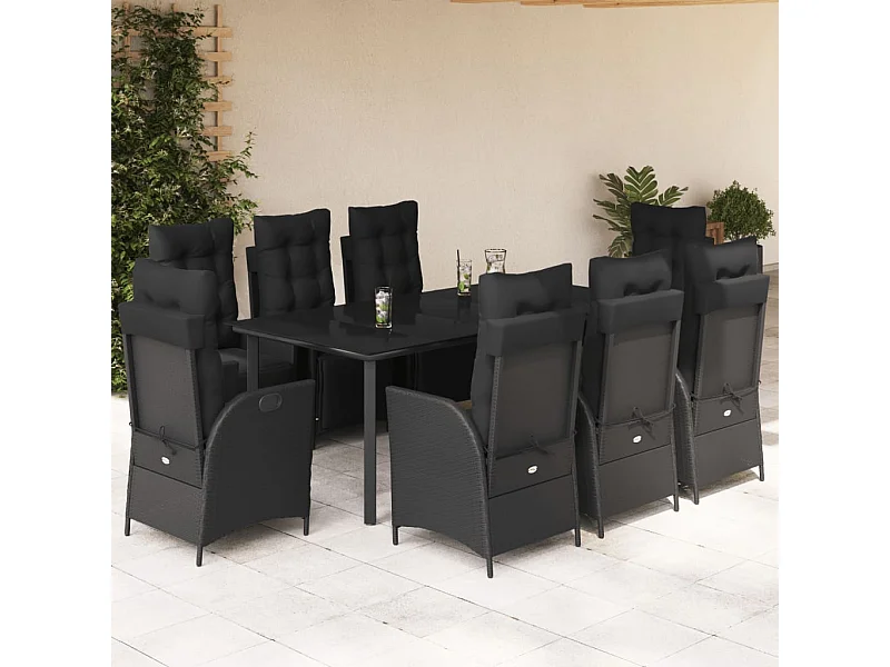 Ensemble à manger de jardin 9pcs coussins noir résine tressée