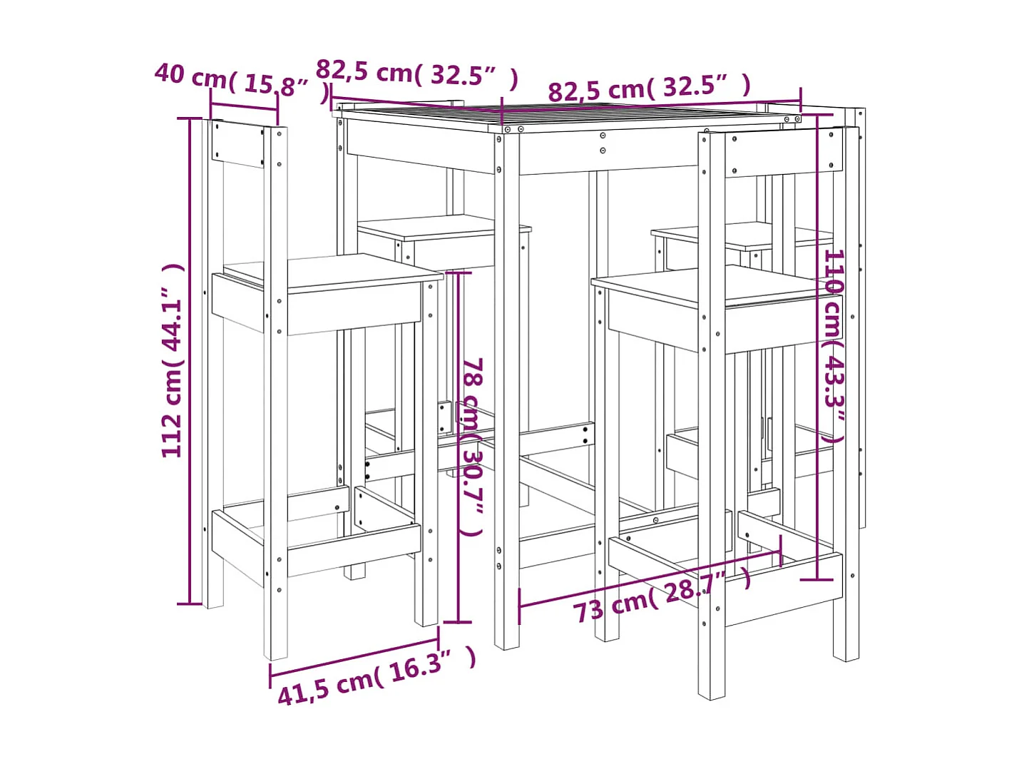 Ensemble de bar de jardin 5 pcs noir bois de pin massif