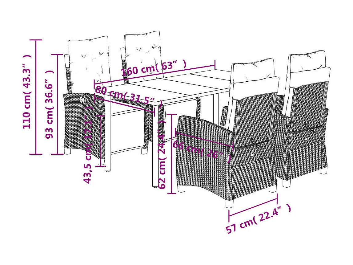Ensemble à manger de jardin 5 pcs et coussins marron poly rotin