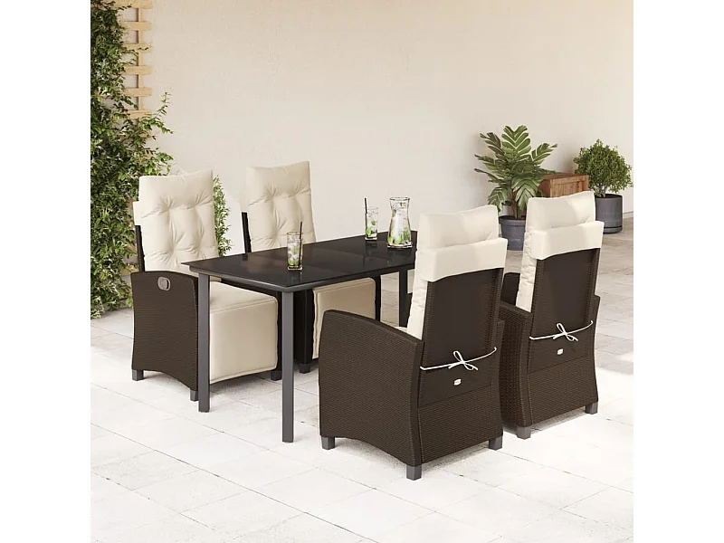 Ensemble à manger de jardin 5 pcs et coussins marron poly rotin