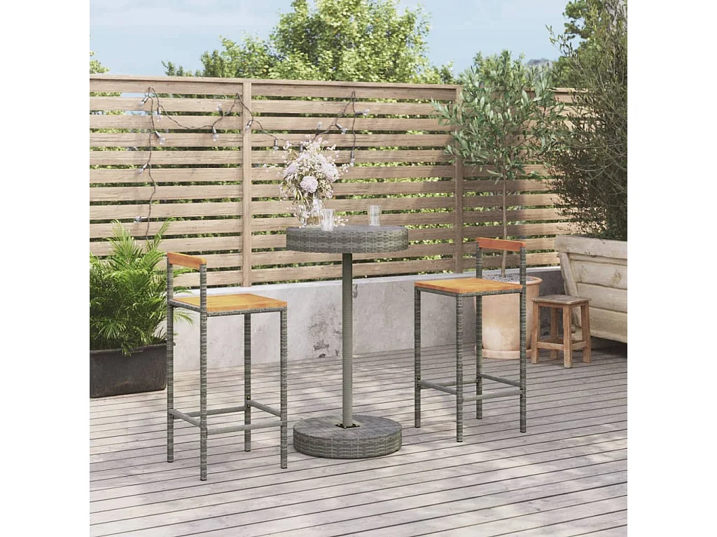 Ensemble de bar jardin 3 pcs gris poly rotin-bois massif acacia