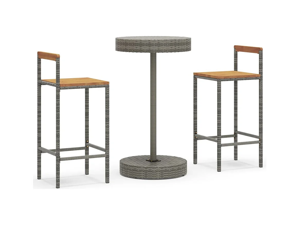 Ensemble de bar jardin 3 pcs gris poly rotin-bois massif acacia