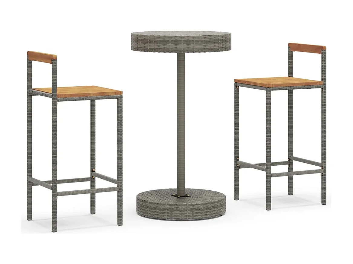 Ensemble de bar jardin 3 pcs gris poly rotin-bois massif acacia