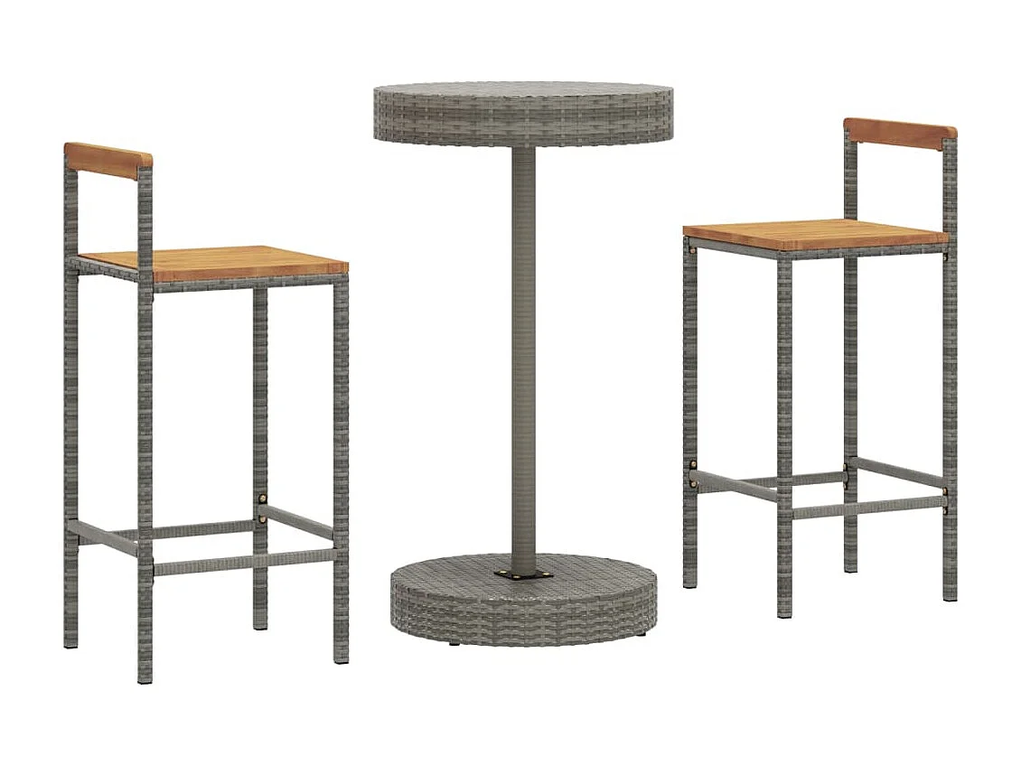 Ensemble de bar jardin 3 pcs gris poly rotin-bois massif acacia
