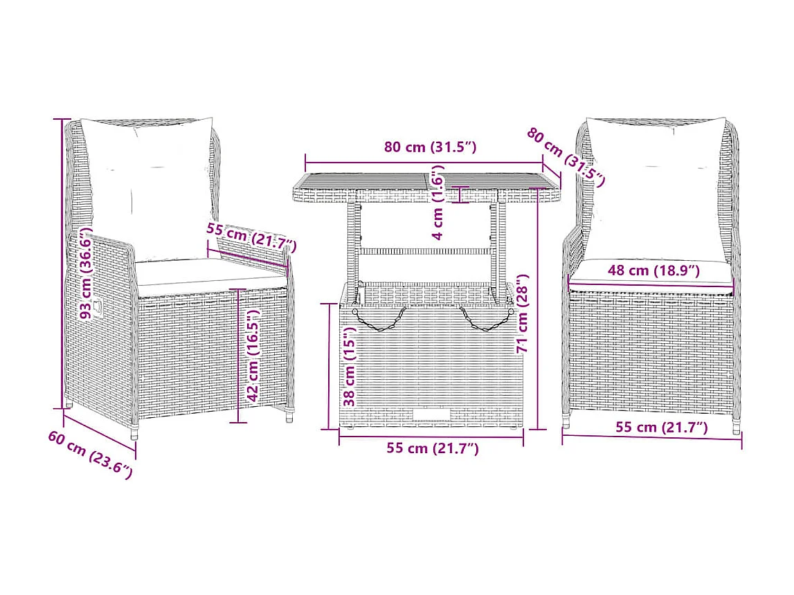 Ensemble de bistro 3 pcs avec coussins gris résine tressée