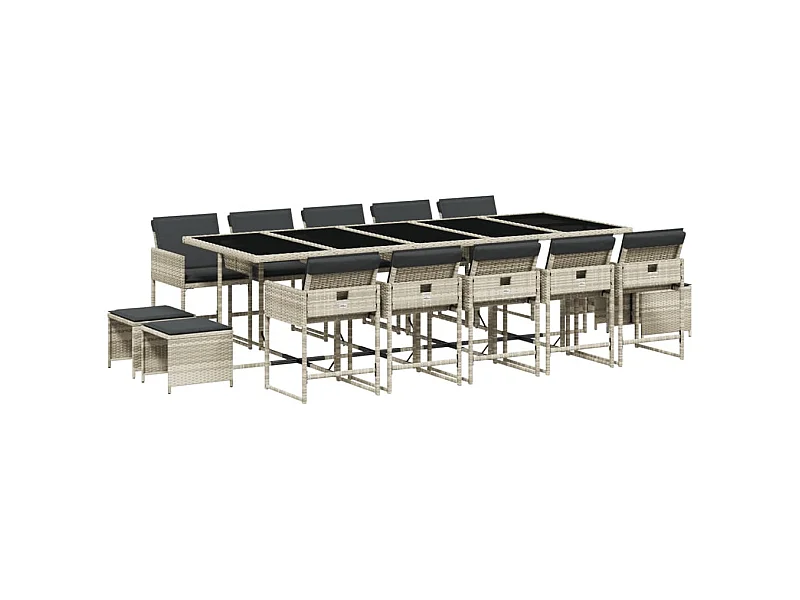 Ensemble à manger de jardin et coussins 15 pcs gris clair rotin