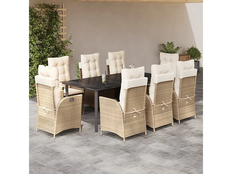 Ensemble à manger de jardin et coussins 9 pcs beige Poly rotin