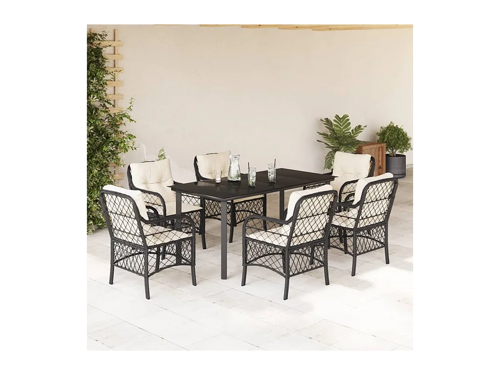 Ensemble à manger de jardin coussins 7pcs Noir Résine tressée