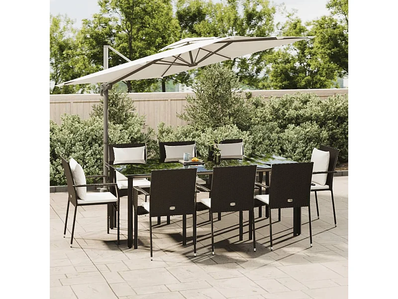 Ensemble à manger jardin 9pcs et coussins noir résine tressée
