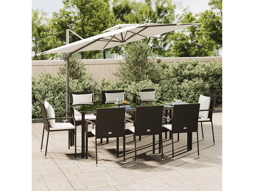 Ensemble à manger jardin 9pcs et coussins noir résine tressée