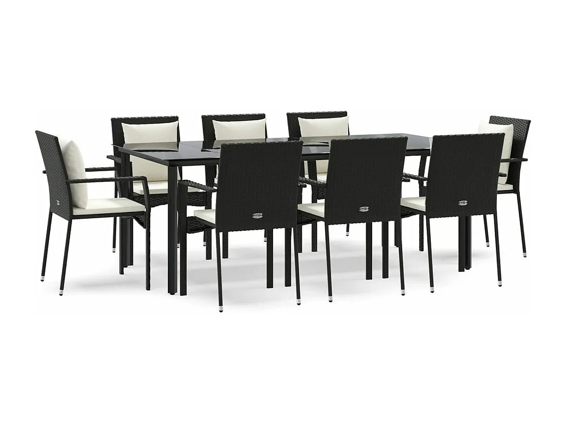 Ensemble à manger jardin 9pcs et coussins noir résine tressée