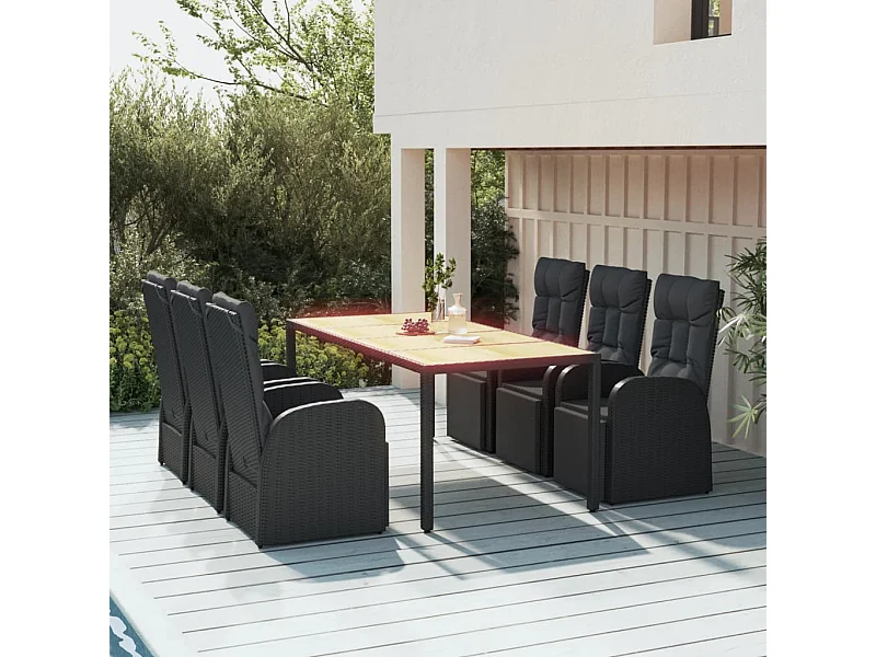 Ensemble à manger de jardin 7 pcs Noir Poly rotin et acacia